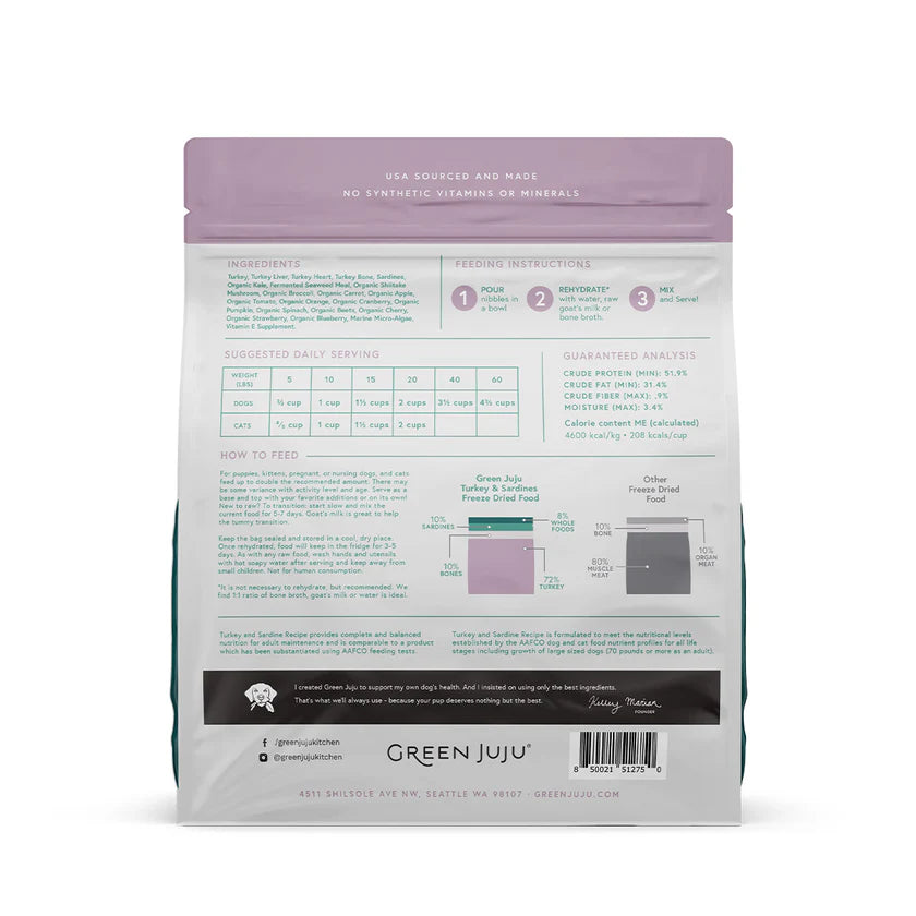 Green JuJu🐱🐶Extras Turkey & Sardine Complete & Balanced Freeze Dried Meal 14oz