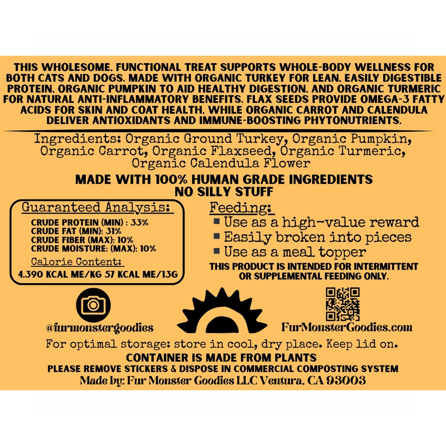 Fur Monster🐱🐶Air Dried Bark Turkey & Pumpkin · Turmeric · Carrot · Calendula 2.5oz