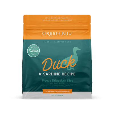 Green JuJu🐱🐶Extras Duck & Sardine Complete & Balanced Freeze Dried Meal 14oz