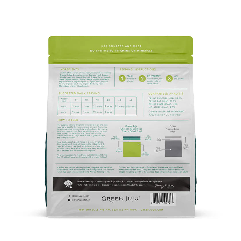 Green JuJu🐱🐶Extras Chicken & Sardine Complete & Balanced Freeze Dried Meal 14oz