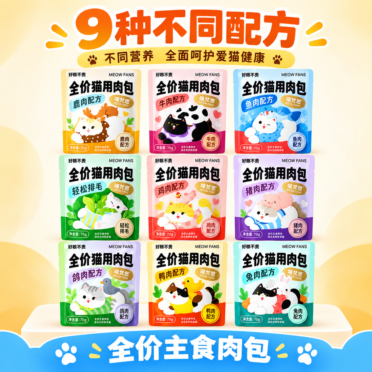 MeowFans🐱Super Meat Complete Wet Food Pouch Set 70g*9
